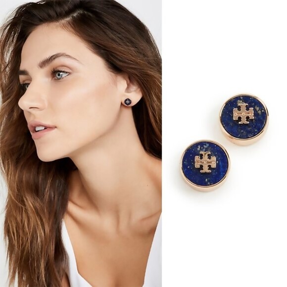 Tory Burch - KIRA SEMIPRECIOUS CIRCLE-STUD EARRING - Tory Gold/Lapis - Picture 1 of 4